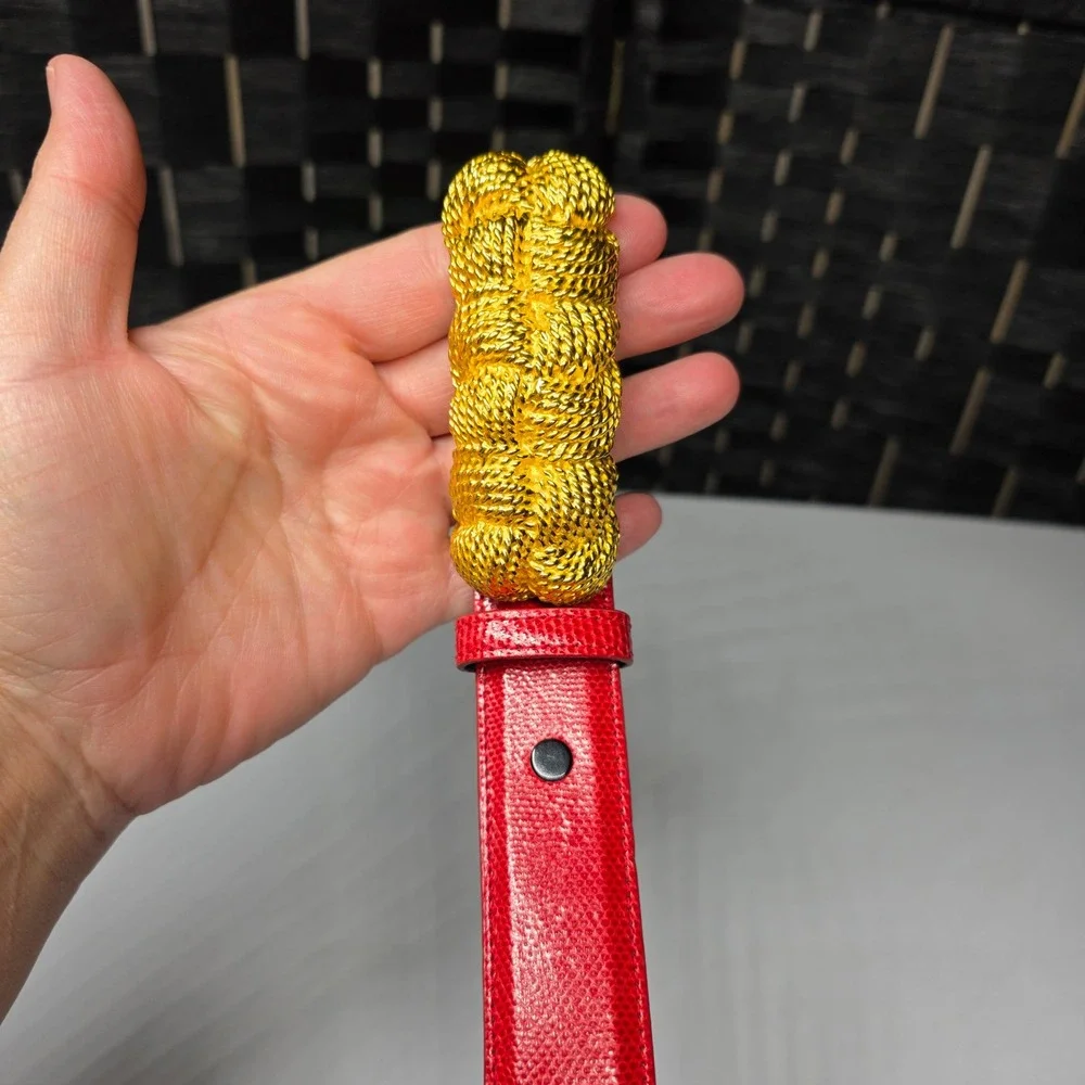 Kleinberg Sherrill Red Lizard Embossed Leather Belt Gold Braided Rope Buckle 32